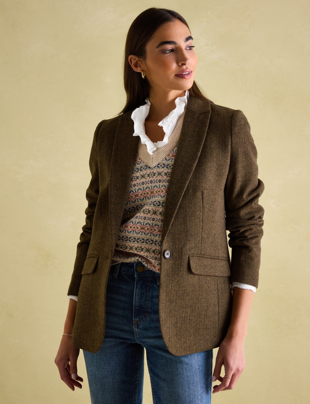Joules Female Wool Blend Tweed Herringbone Blazer - 20 - Brown, Brown