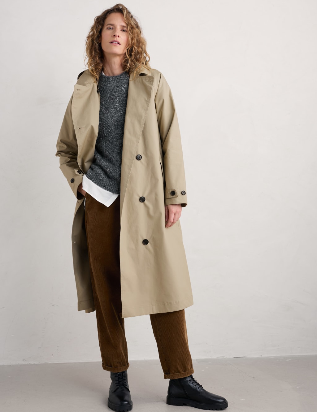 Seasalt Cornwall Female Pure Cotton Belted Double Breasted Trench Coat - 14REG - Stone, Black,Teal,Stone,Navy,Green