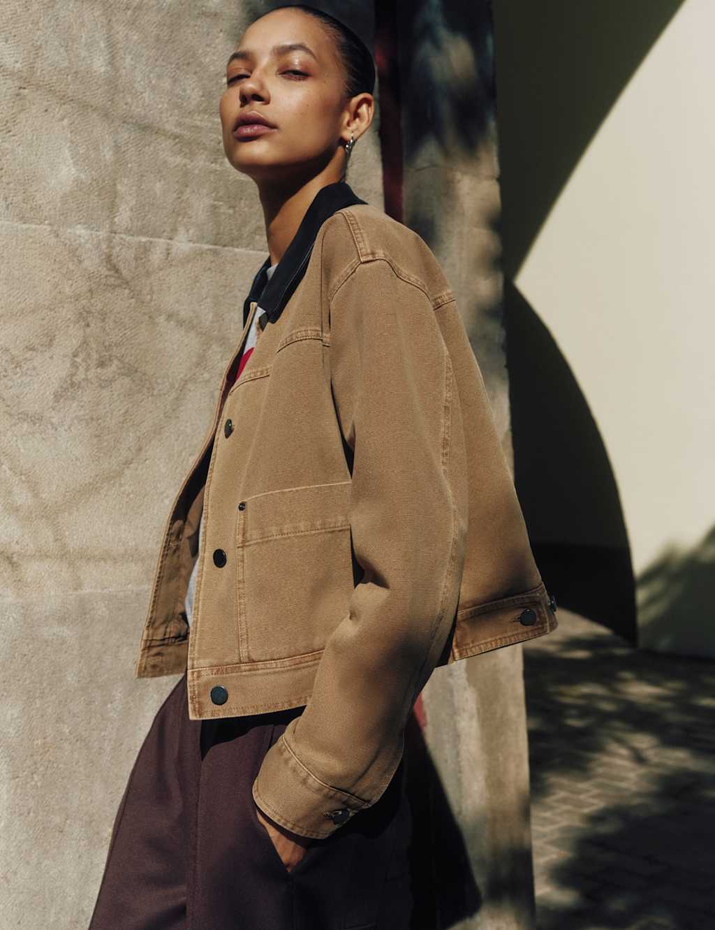 Hush Female Pure Cotton Leather Collar Cropped Jacket - M-L - Camel, Camel
