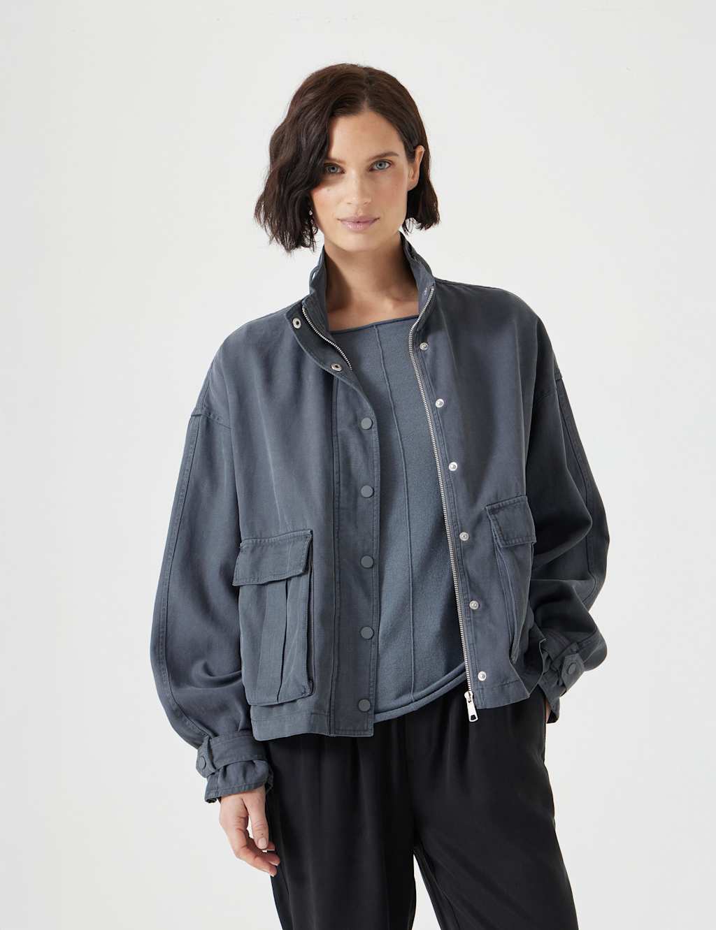 Hush Female Cotton Blend Relaxed Utility Jacket - 12 - Grey, Grey,Light Green