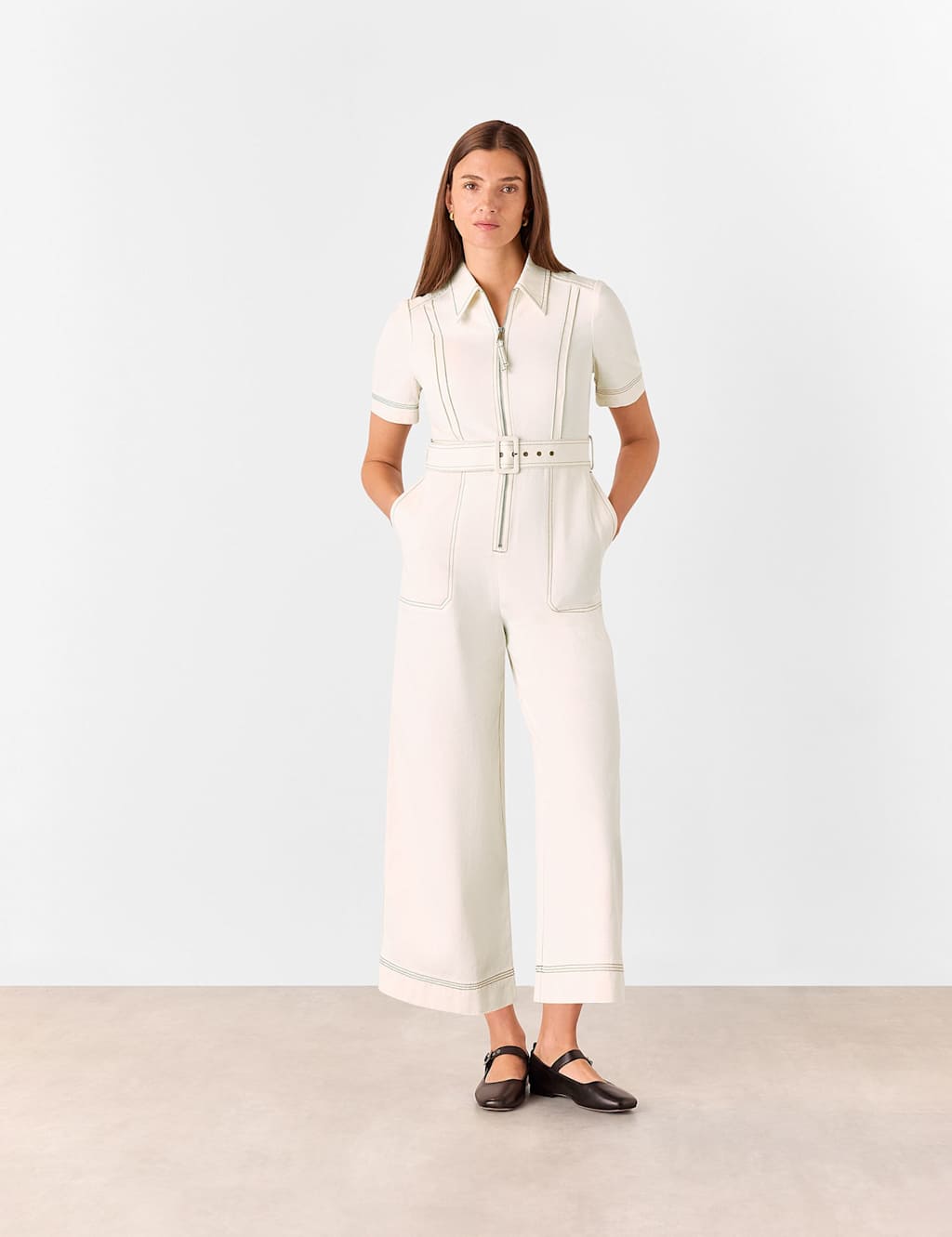 Whistles Female Denim Belted Short Sleeve Jumpsuit - 10PET - Ivory, Ivory,Denim