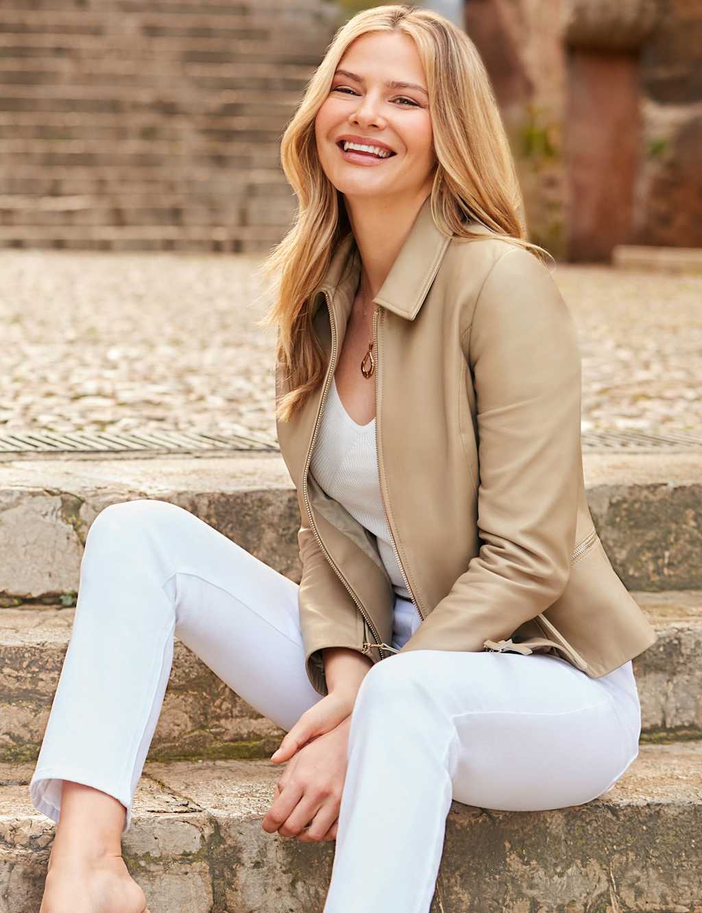 Sosandar Female Leather Collared Zip Detail Bomber Jacket - 12 - Beige, Beige
