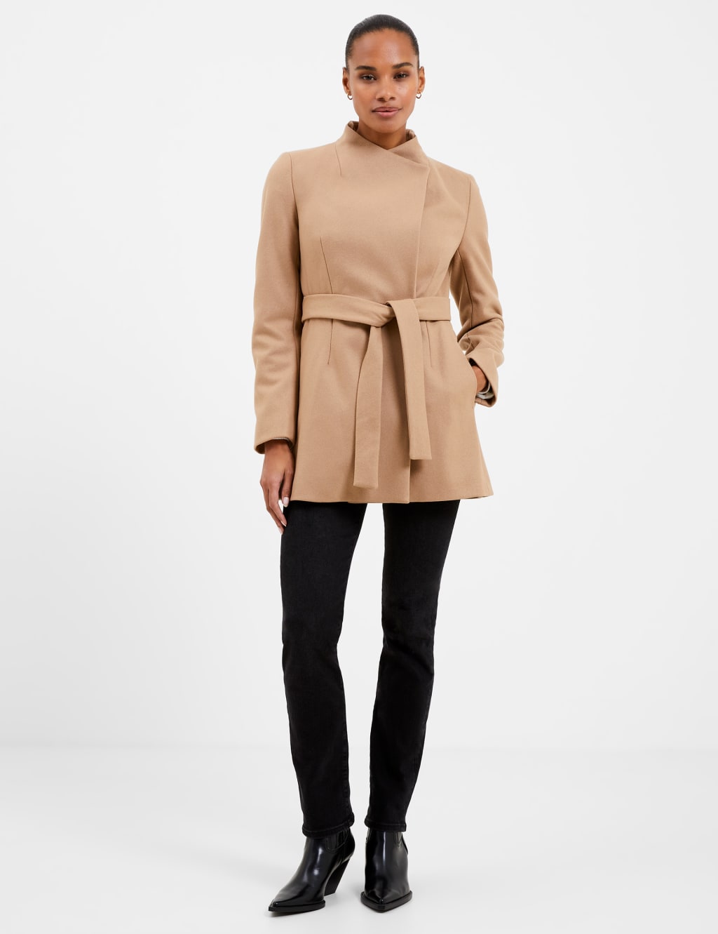 French Connection Female Wool Blend Belted Wrap Coat - 12 - Brown, Black,Brown