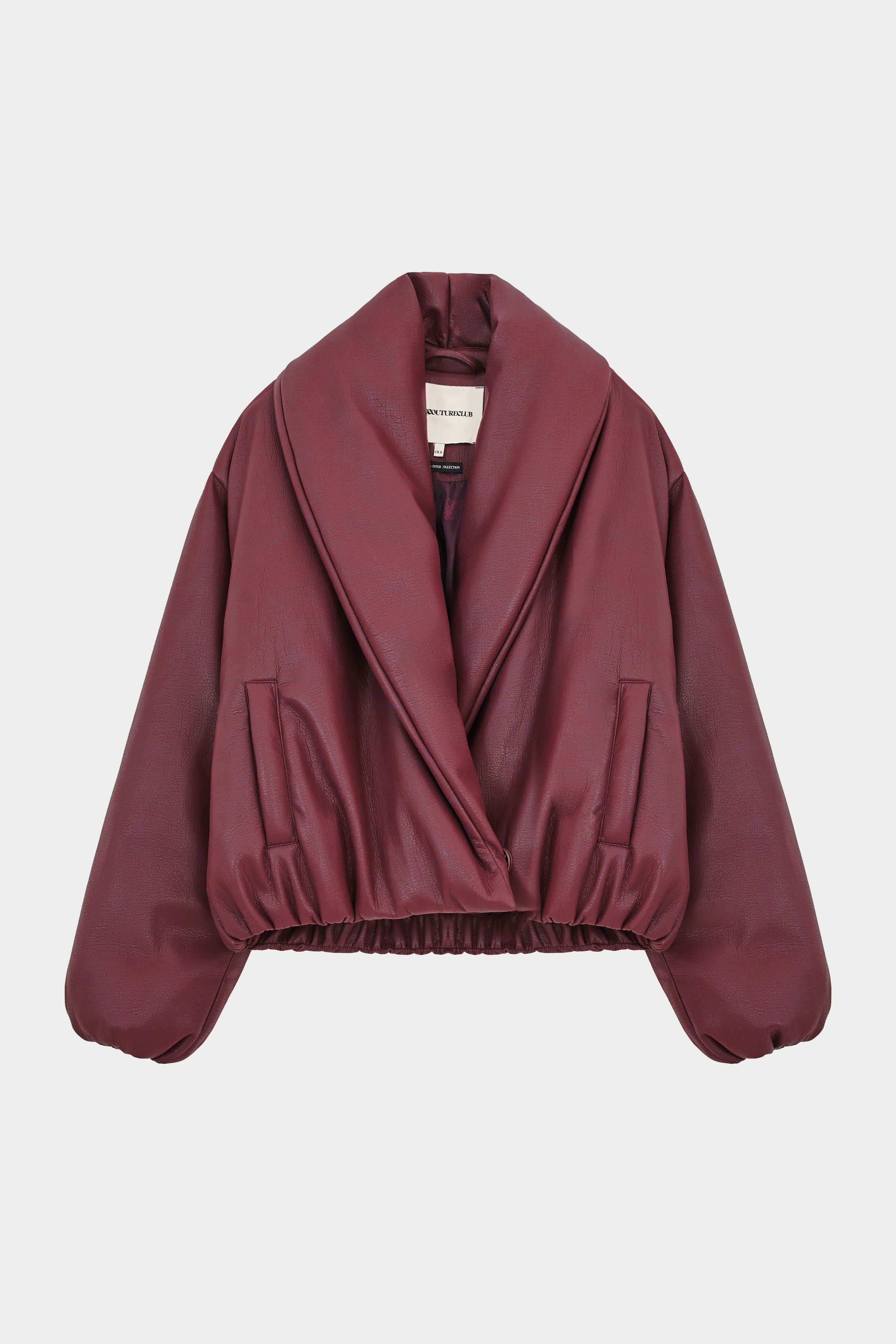 Oversized Collar Faux Leather Puffer Coat - Burgundy