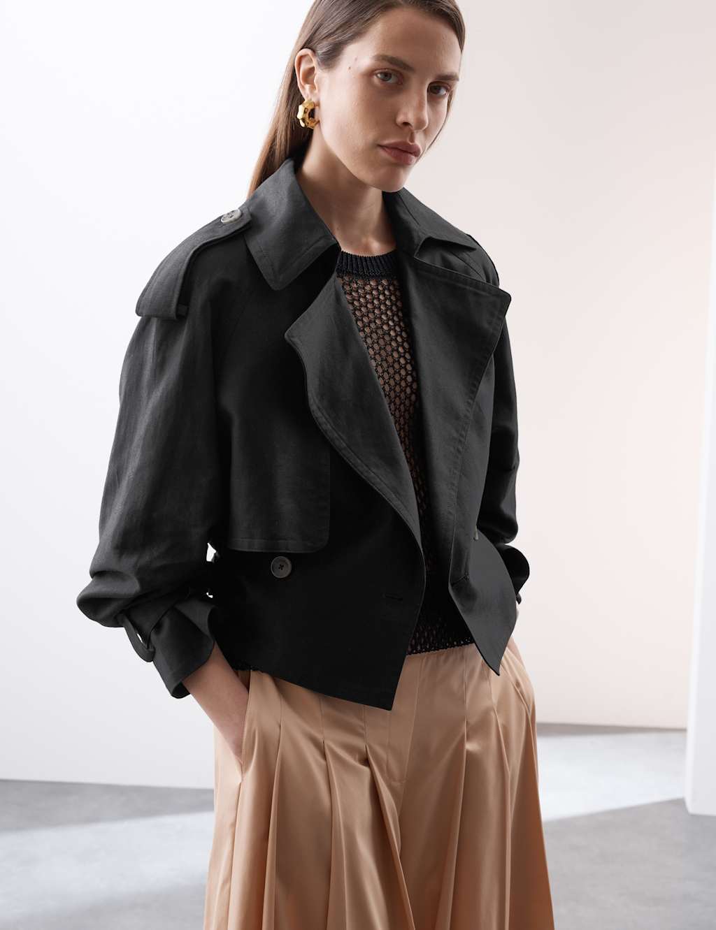 Autograph Female Linen Blend Cropped Trench Coat - 12 - Black, Black