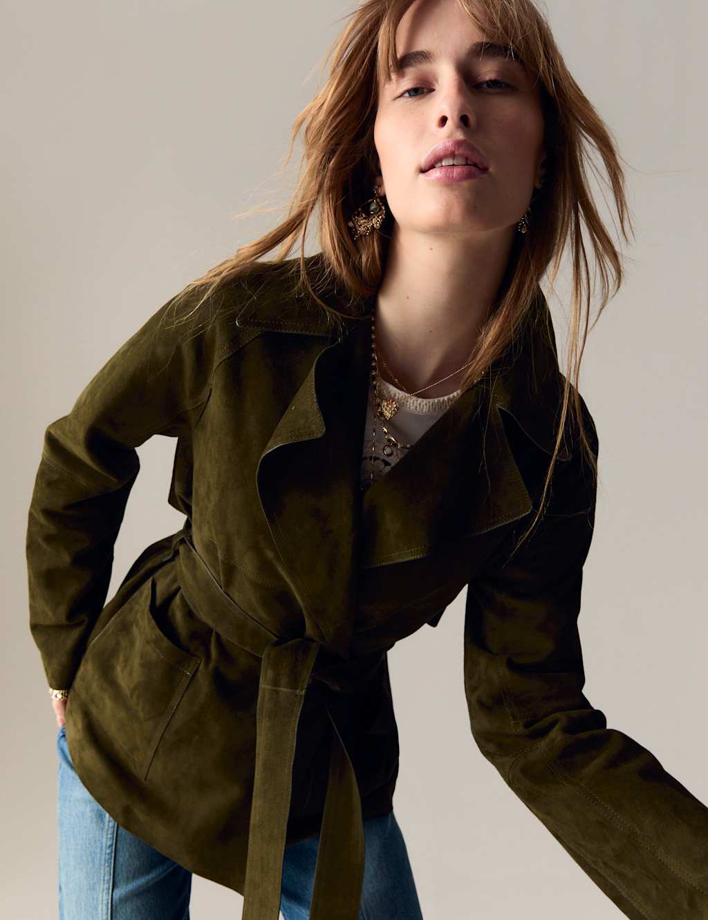 Per Una Female Suede Belted Revere Collar Trench Coat - 12 - Khaki, Khaki