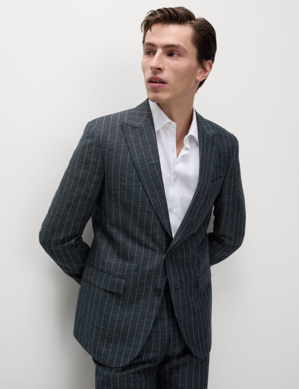 M&S Sartorial Male Regular Fit Wool Linen Blend Pinstripe Suit Jacket - 42REG - Navy, Navy