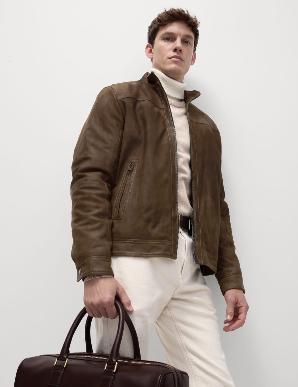 M&S Collection Male Leather Jacket - LREG - Brown, Brown