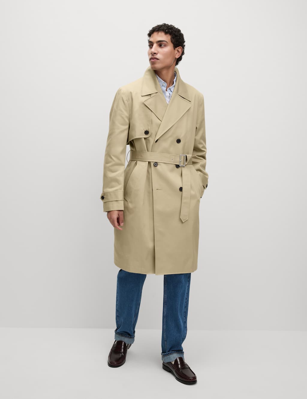 M&S Collection Male Cotton Lyocell Blend Trench - LREG - Light Beige, Light Beige,Hunter Green