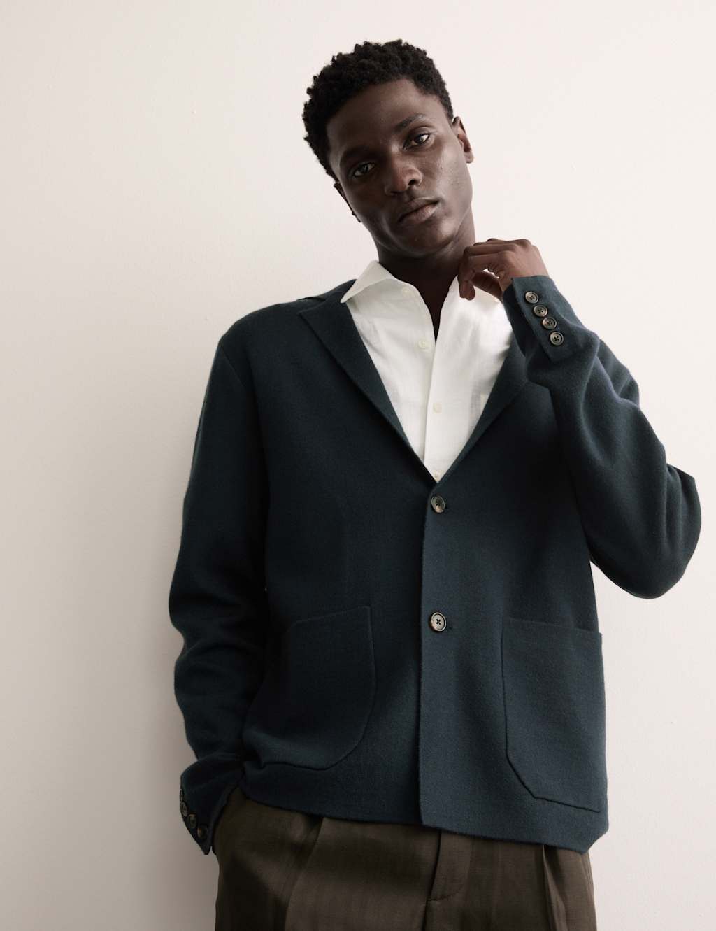 Jaeger Male Pure Extra Fine Merino Wool Knitted Jacket - XLREG - Navy, Navy,Camel