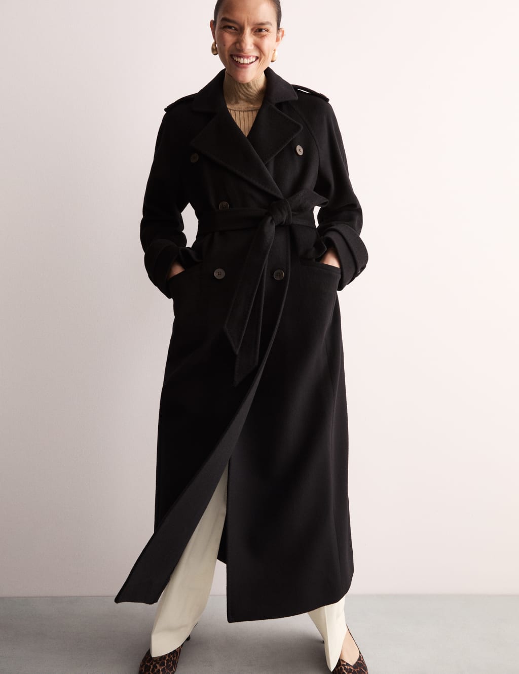 Jaeger Female Pure Wool Wrap Coat - 14 - Black, Black,Light Camel