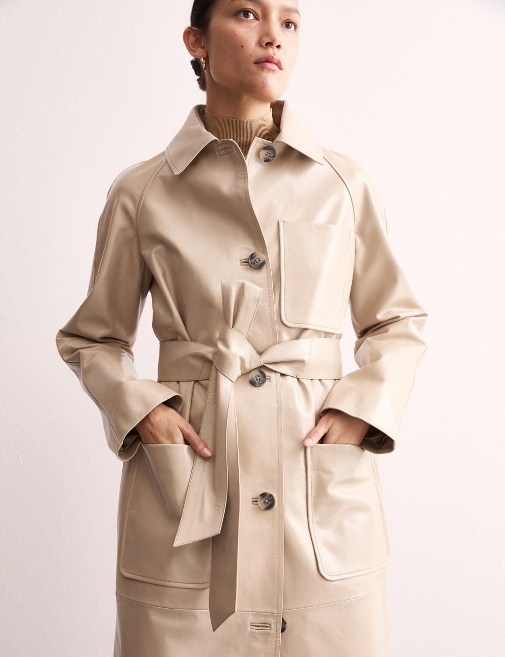 Jaeger Female Leather Belted Single Breasted Trench Coat - 8 - Ivory, Ivory