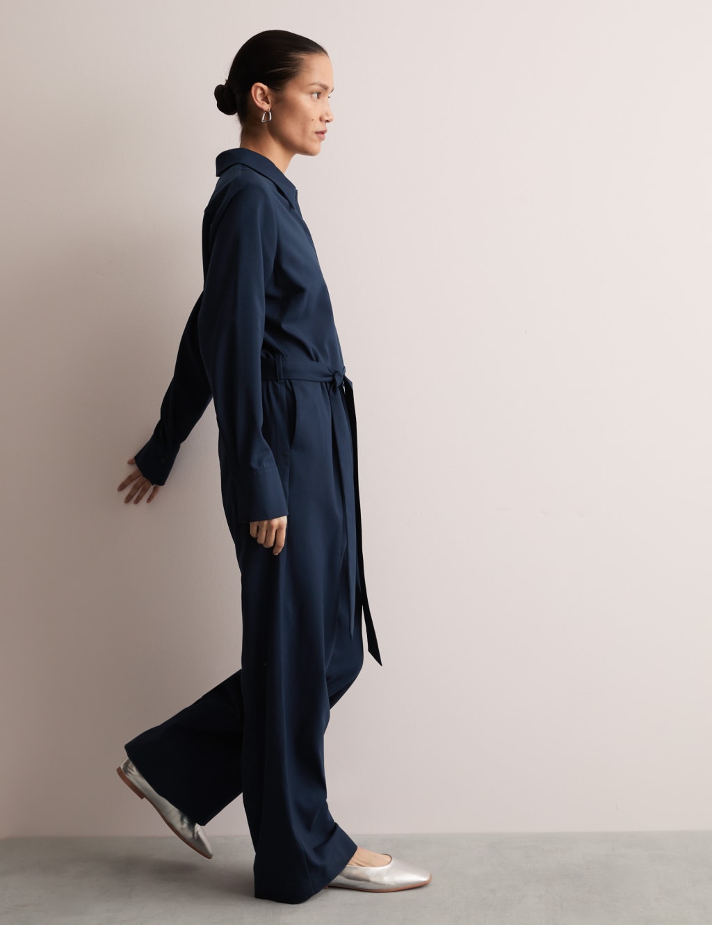 Jaeger Female Wool Rich Belted Long Sleeve Jumpsuit - 10 - Navy, Navy