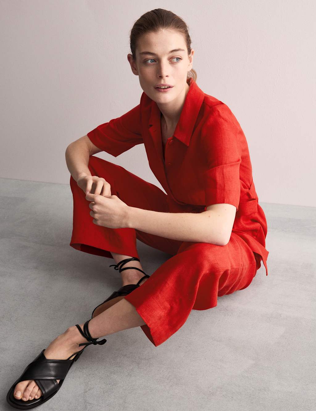 Jaeger Female Pure Linen Short Sleeve Jumpsuit - 14 - Red, Red
