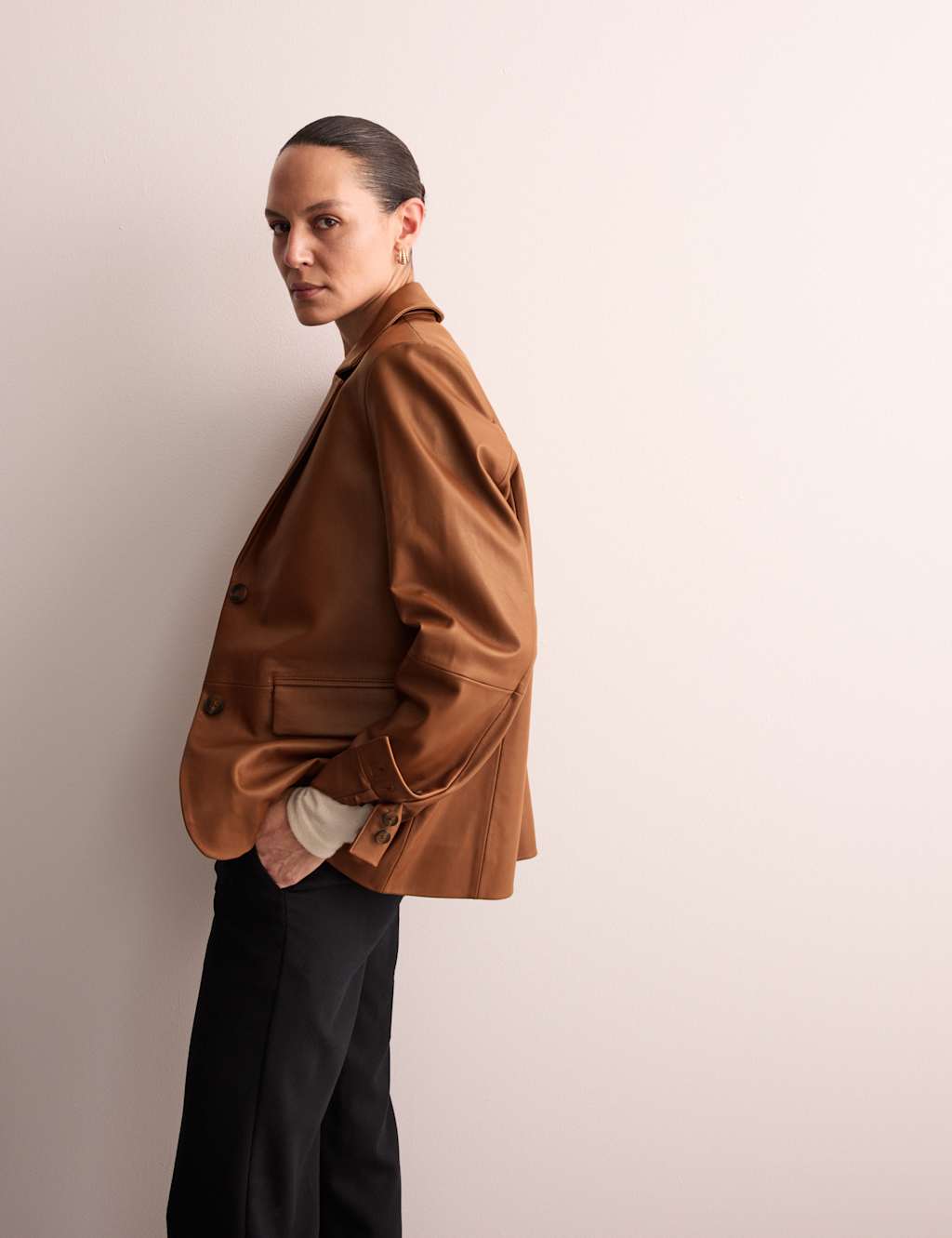 Jaeger Female Leather Blazer - 14 - Tan, Tan