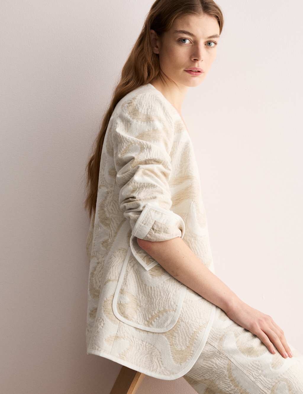Jaeger Female Cotton Rich Jacquard Collarless Jacket - 12 - Beige Mix, Beige Mix