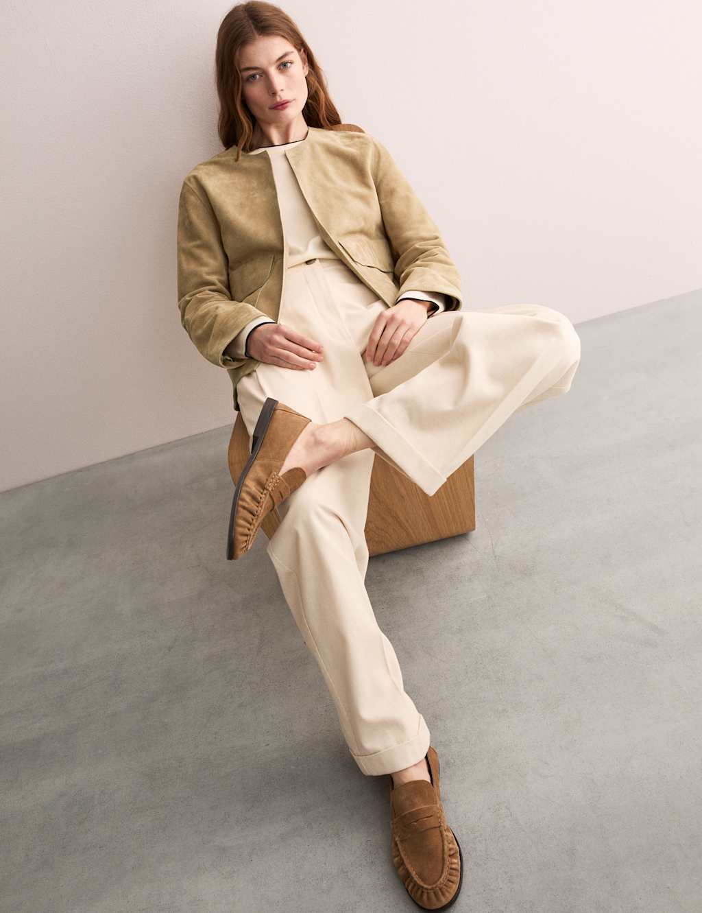 Jaeger Female Suede Collarless Jacket - 10 - Camel, Camel