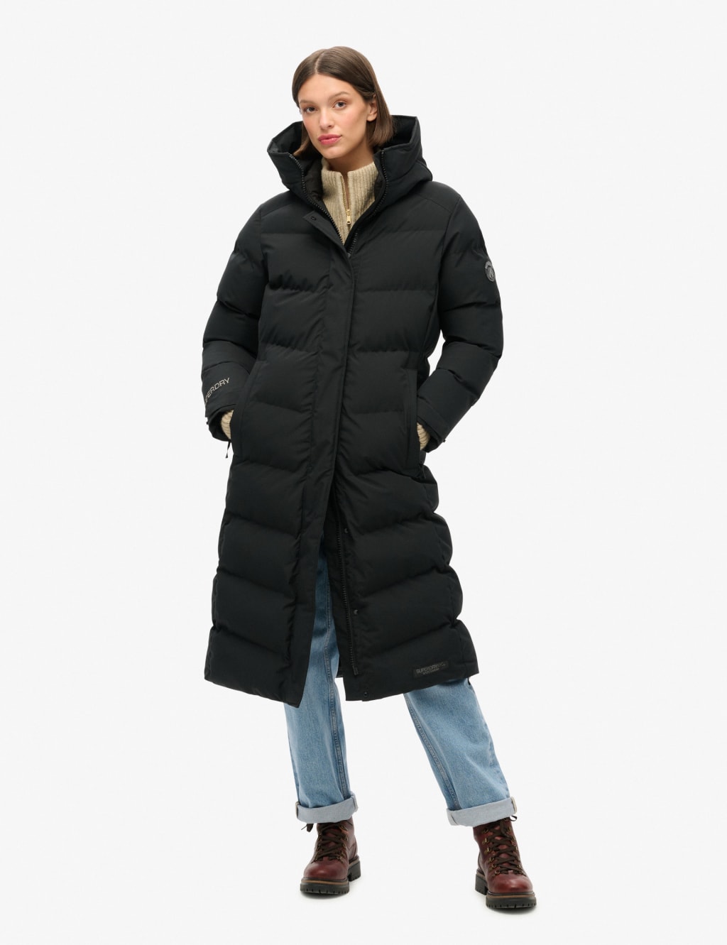 Superdry Female Hooded Longline Puffer Coat - 8 - Black, Black