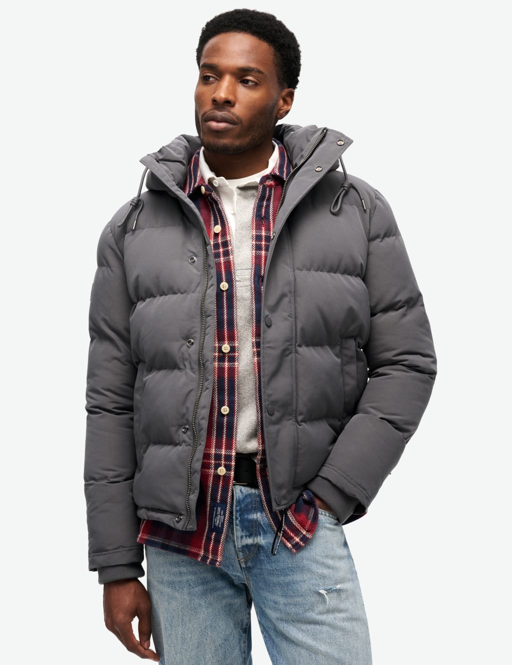 Superdry Male Hooded Padded Puffer Jacket - L - Dark Grey, Dark Grey,Brown