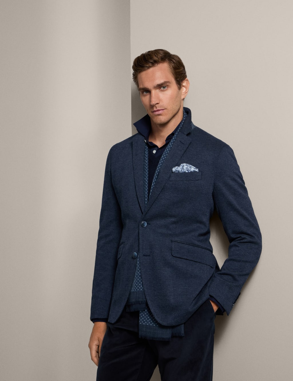 Hackett Male Cotton Rich Prince of Wales Check Blazer - 40REG - Navy, Navy