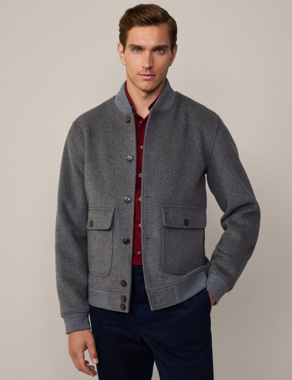 Hackett Male Wool Blend Bomber Jacket - Grey, Grey