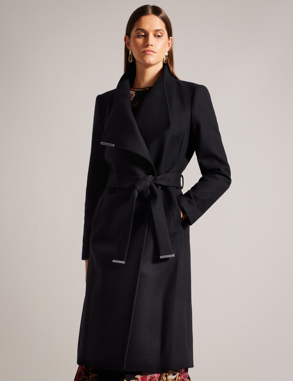 Ted Baker Female Wool Rich Belted Collared Longline Wrap Coat - 12 - Black, Black,Beige