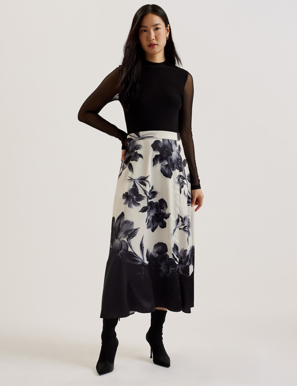 Ted Baker Female Mesh Floral Midi Waisted Dress - 12 - Black, Black