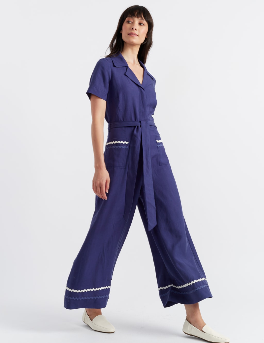 Chinti & Parker Female Ric Rac Belted Short Sleeve Waisted Jumpsuit - 10REG - Blue, Blue