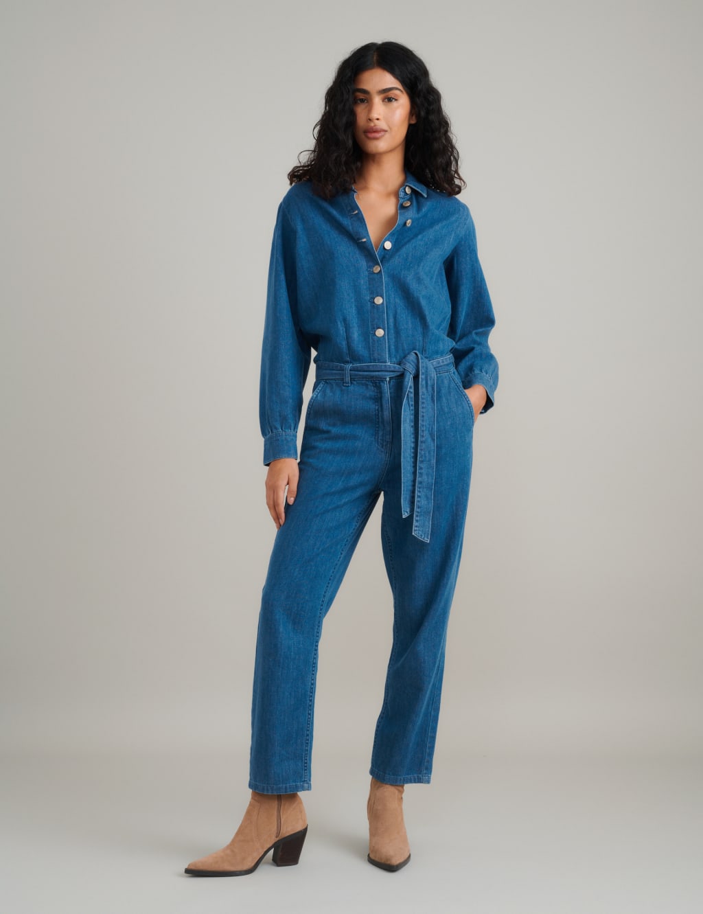 Nobody's Child Female Denim Tie Detail Long Sleeve Jumpsuit - 14 - Blue, Blue
