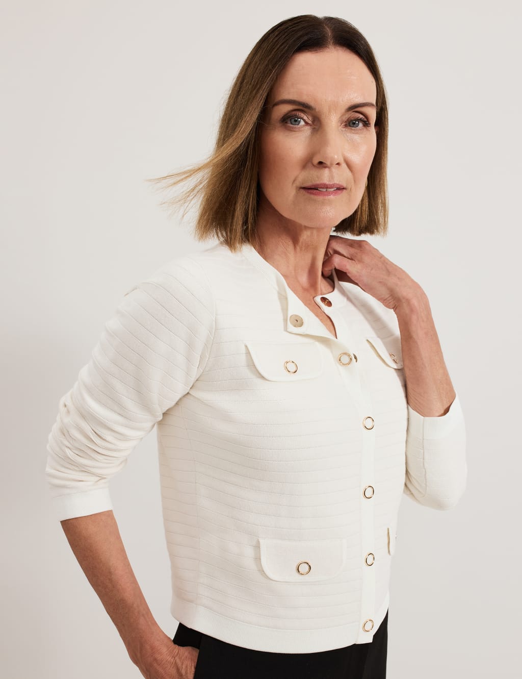 Phase Eight Female Cotton Blend Crew Neck Knitted Jacket - M - Cream, Cream