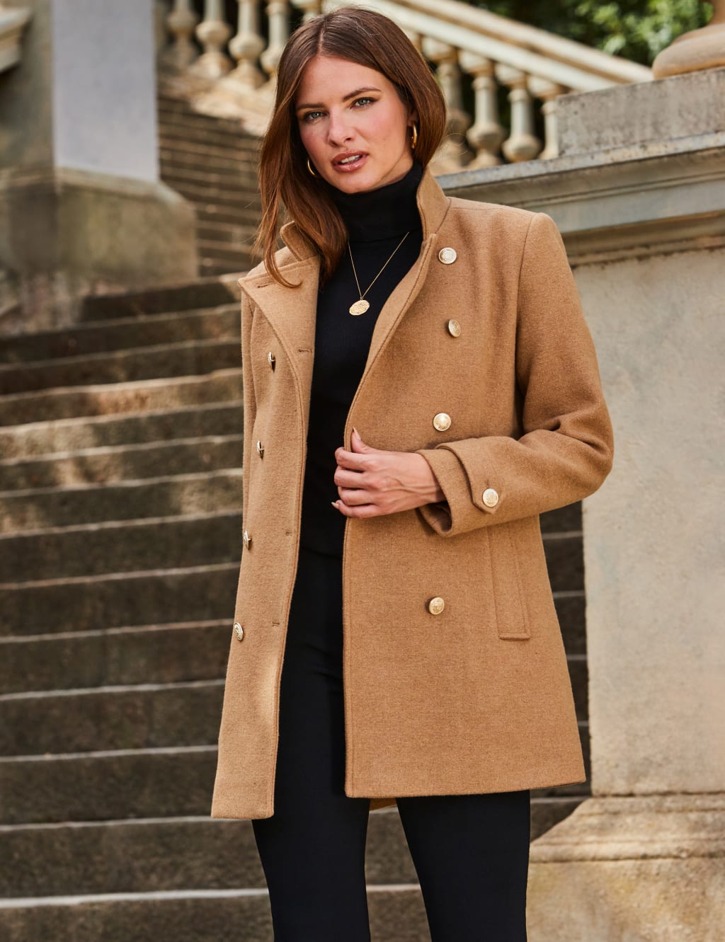 Sosandar Female Coat With Gold Button Detail - 14 - Camel, Camel