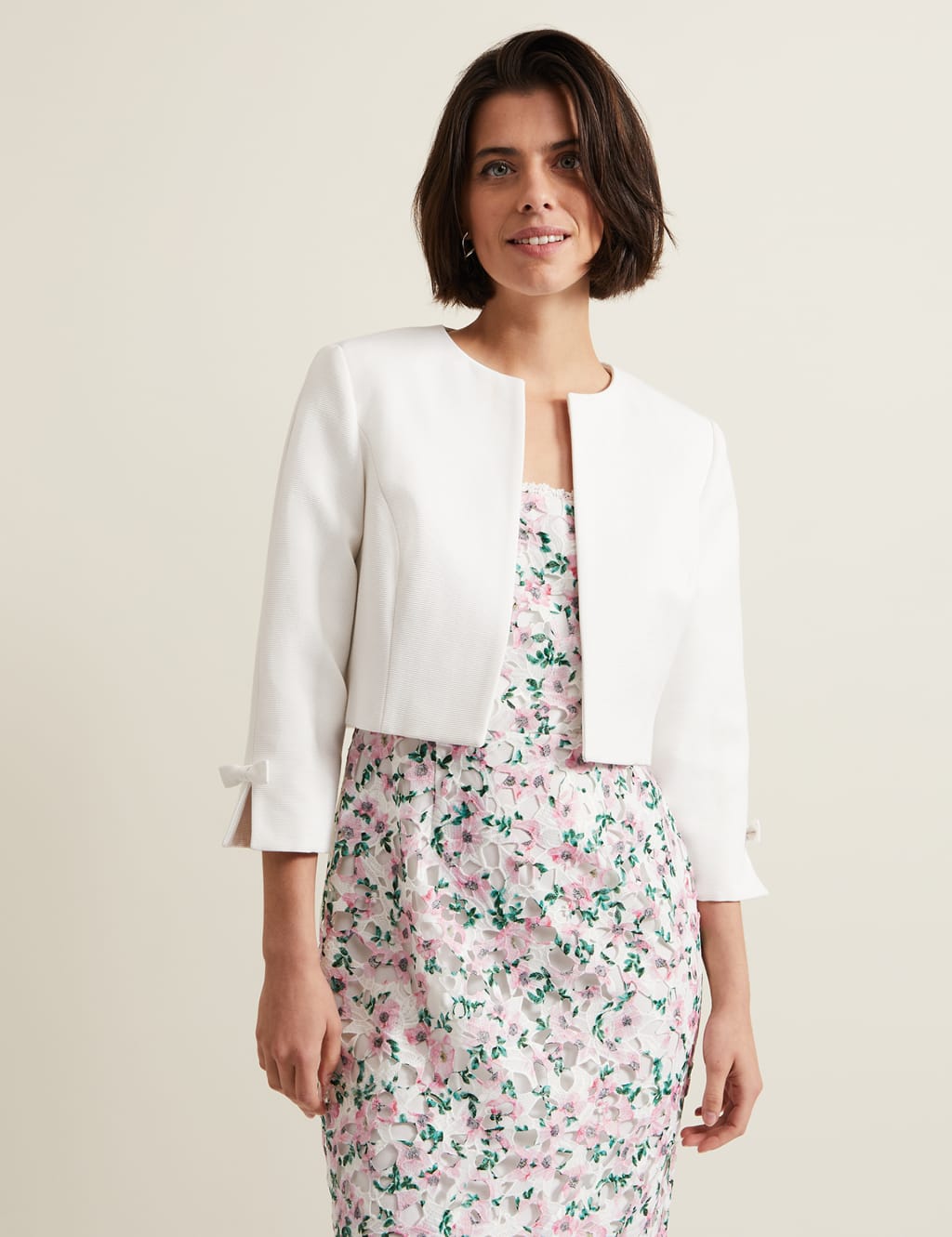 Phase Eight Female Cotton Rich Collarless Bow Short Jacket - 18 - Cream, Pink,Cream,Navy