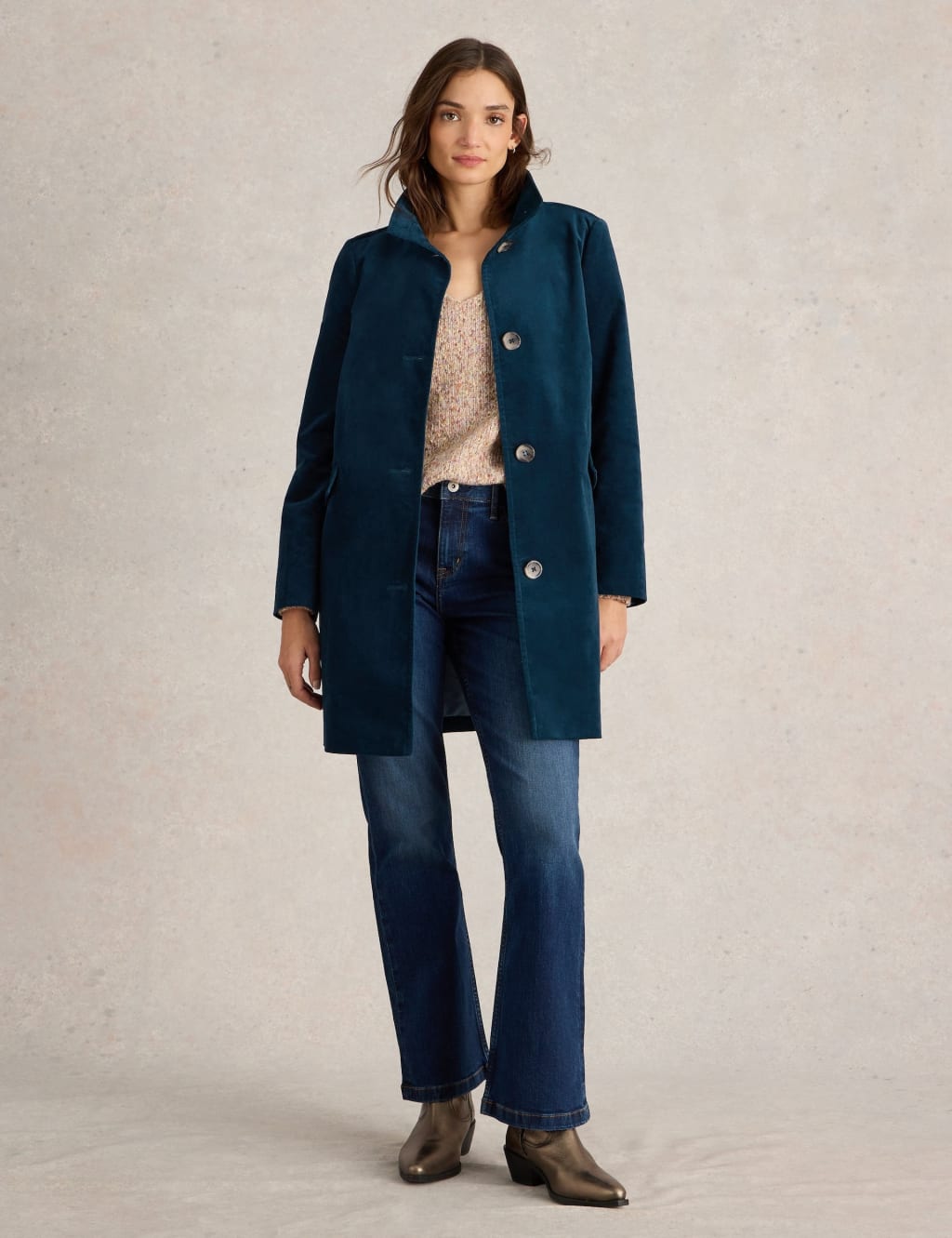 White Stuff Female Cotton Rich Velvet Overcoat - 8REG - Teal, Teal,Black,Yellow,Pink