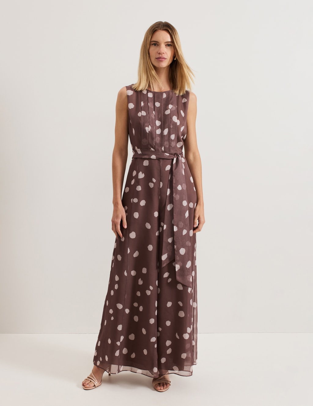 Phase Eight Female Chiffon Polka Dot Sleeveless Jumpsuit - 16 - Brown Mix, Brown Mix