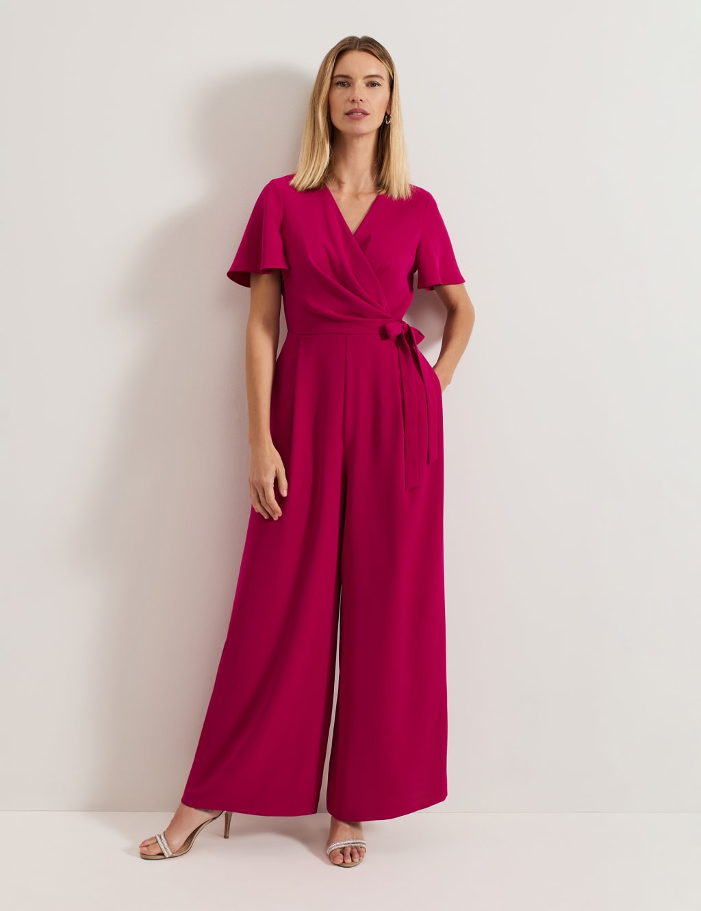 Phase Eight Female Tie Detail Short Sleeve Wrap Wide Leg Jumpsuit - 10REG - Pink, Pink