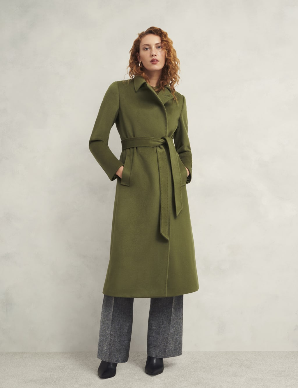 Hobbs Female Pure Wool Belted Collared Tailored Coat - 12REG - Green, Green