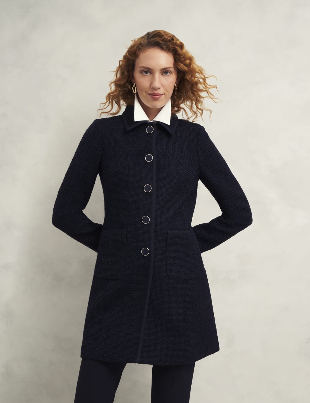 Hobbs Female Tweed Longline Tailored Coat with Wool - 14 - Navy, Navy