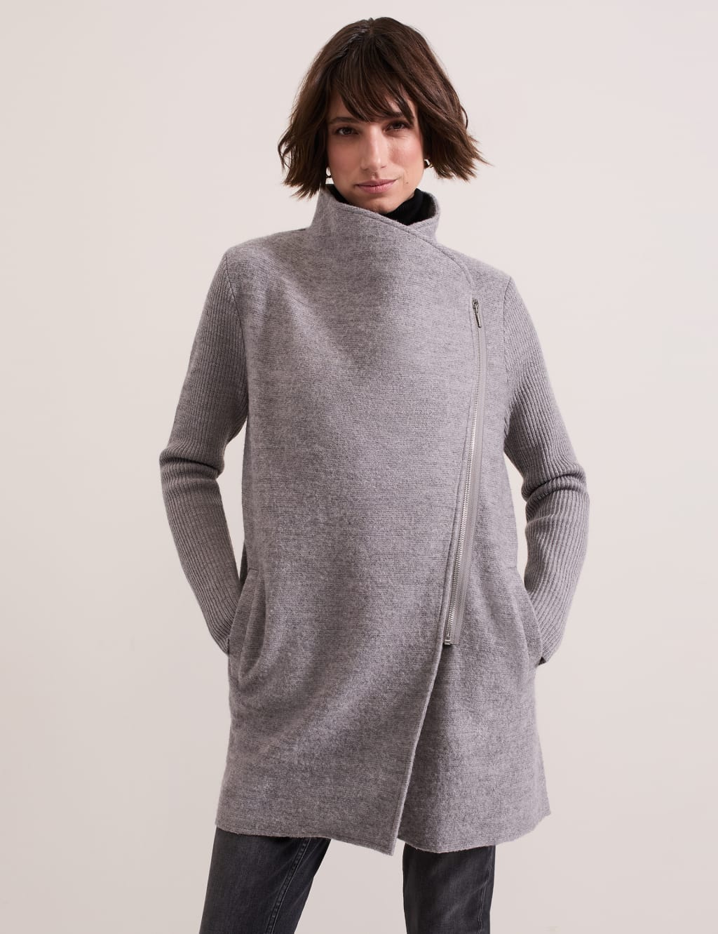 Phase Eight Female Wool Blend Funnel Neck Coatigan - 12 - Grey, Black,Grey