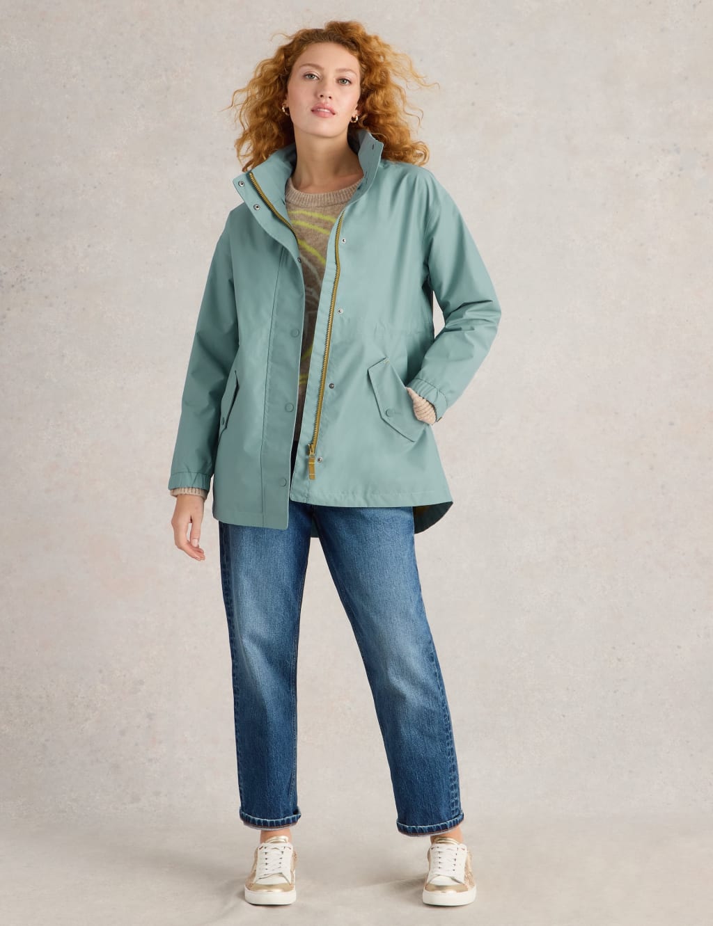 White Stuff Female Cotton Rich Waterproof High Neck Raincoat - 12REG - Blue, Blue