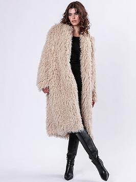 Religion Long Hair Faux Fur Coat - Cream