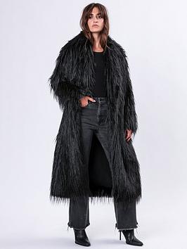 Religion Long Hair Faux Fur Coat - Black