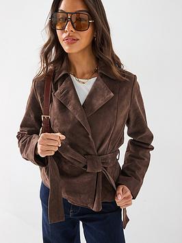 V By Very Belted Real Suede Jacket - Chocolate