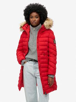Superdry Fuji Faux Fur Hooded Coat - Red