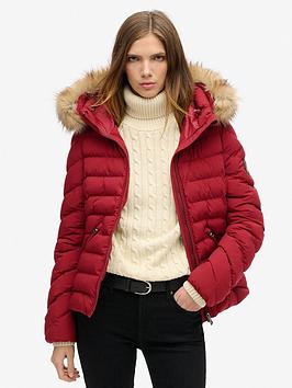 Superdry Fuji Faux Fur Hooded Coat - Red