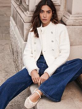 Mint Velvet Cream Cotton Blend Boucle Cropped Jacket - White