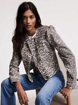 Mint Velvet Neutral Leopard Print Denim Jacket - Beige