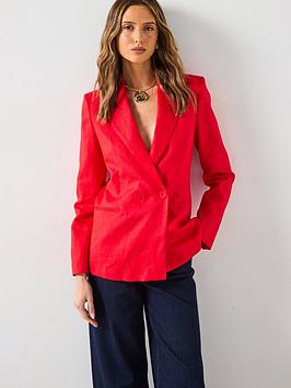 Mango Double-Breasted Linen Suit Jacket - Red