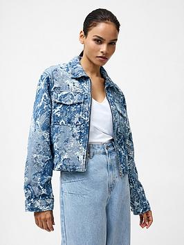 French Connection Cotton Blend Jacquard Floral Print Denim Jacket - Blue