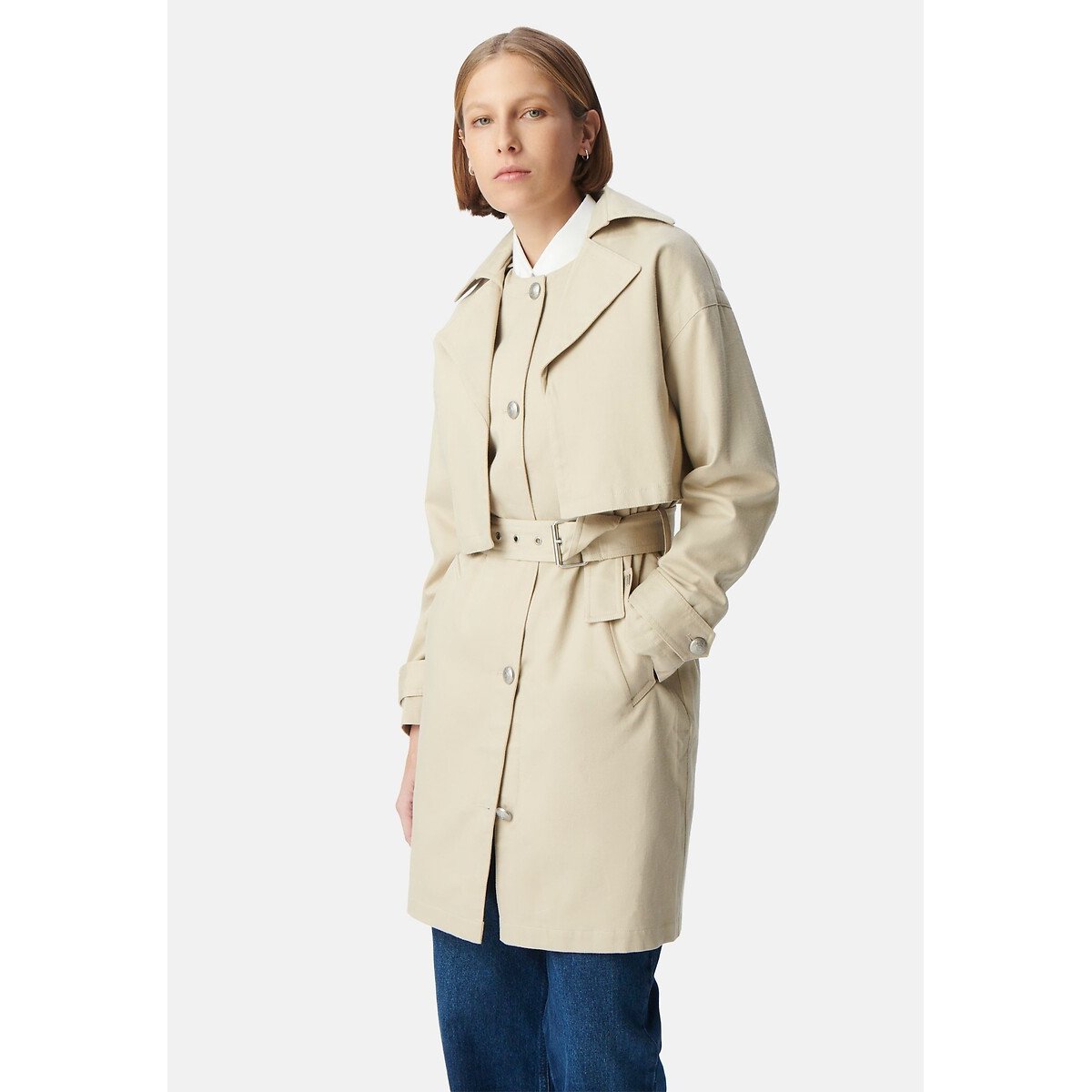 Mid-Length Trench Coat with Belt, 2 in 1, Removable Jacket