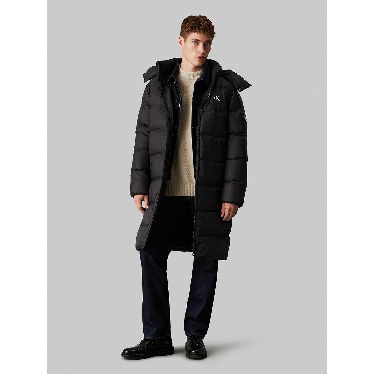 Long Hooded Padded Jacket with Down Filling